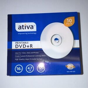 Ativa Printable DVD+R 16x 4.7GB Recordable 10 Pack Jewel Case 495-635